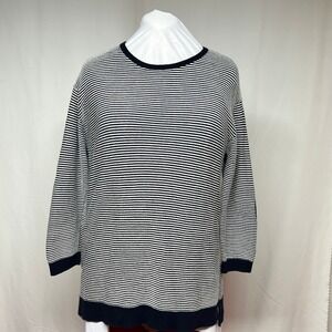 Talbots Navy White Stripe Crew Neck Sweater Elbow Patch Classic Tunic Size L